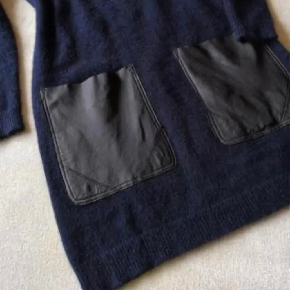 COS oversized navy blue mini dress sweater w black faux leather pockets sz M - Picture 2 of 14